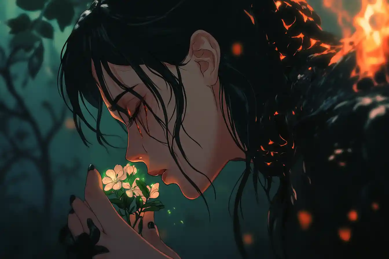 Donna anime in ginocchio tra i fiori in un mondo sotterraneo luminoso
