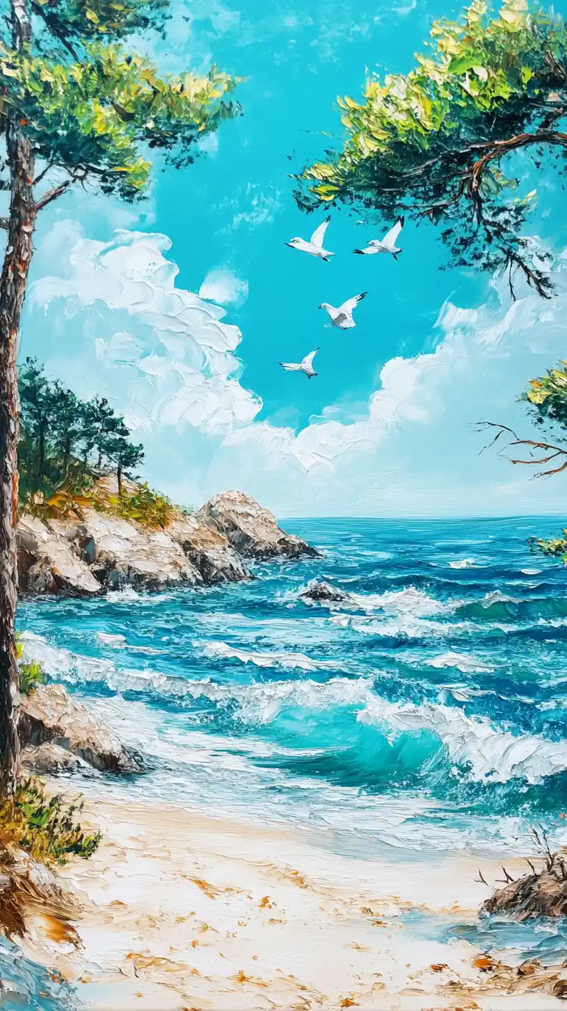 Dipinto a olio di una serena spiaggia sull’oceano blu