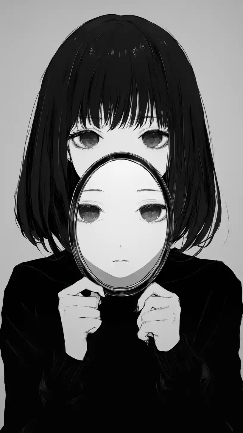 Ragazza anime con specchio e riflesso senza volto in scala di grigi