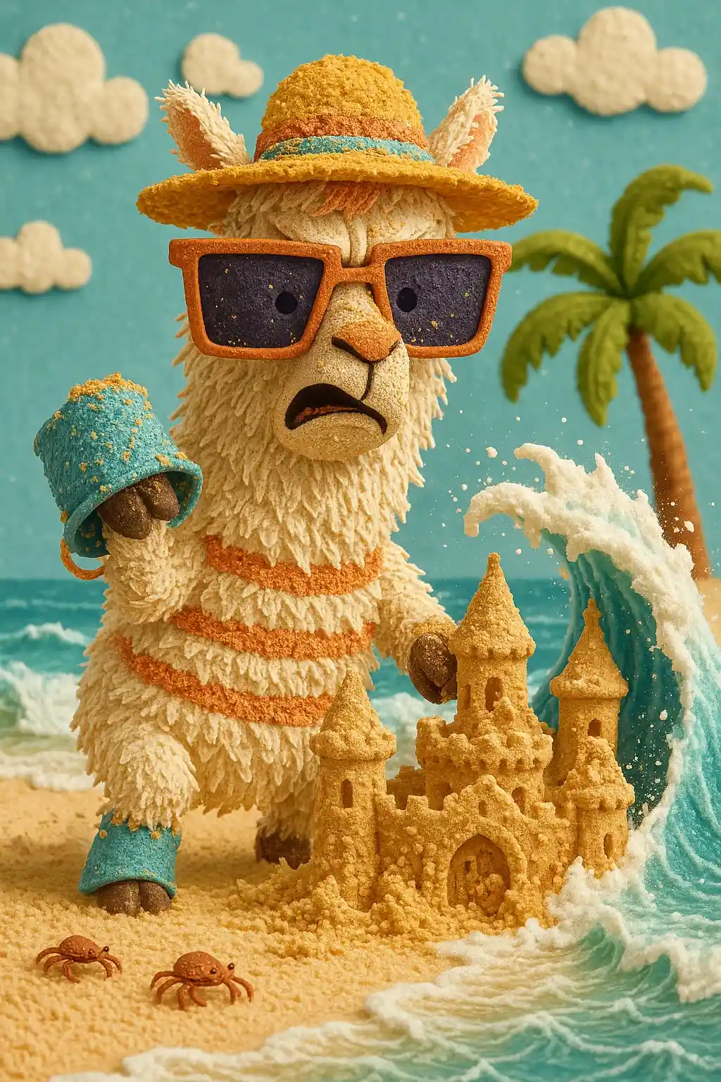 Lama baut eine Sandburg an einem sonnigen Strand
