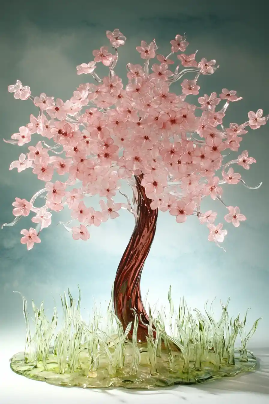 Glowing glass cherry tree against watercolor blue sky