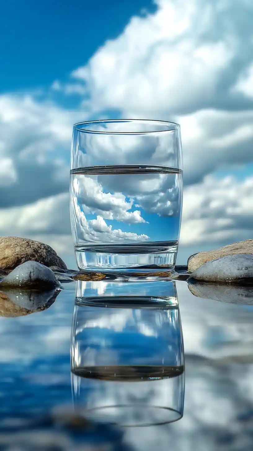 Primer plano de una gota de agua sobre el océano bajo el cielo azul