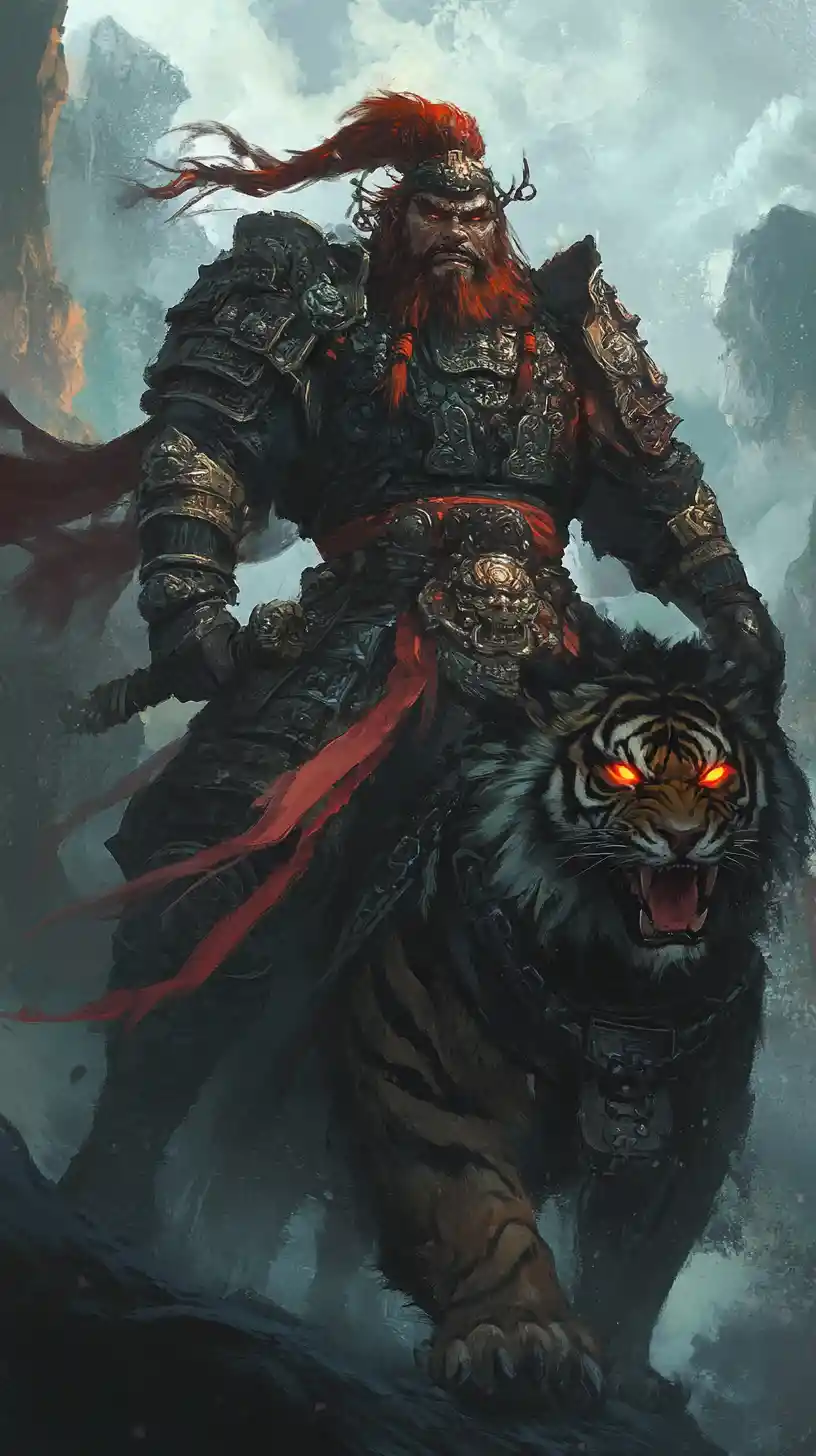 Dark Zhong Kui warrior riding a fierce glowing eyed tiger