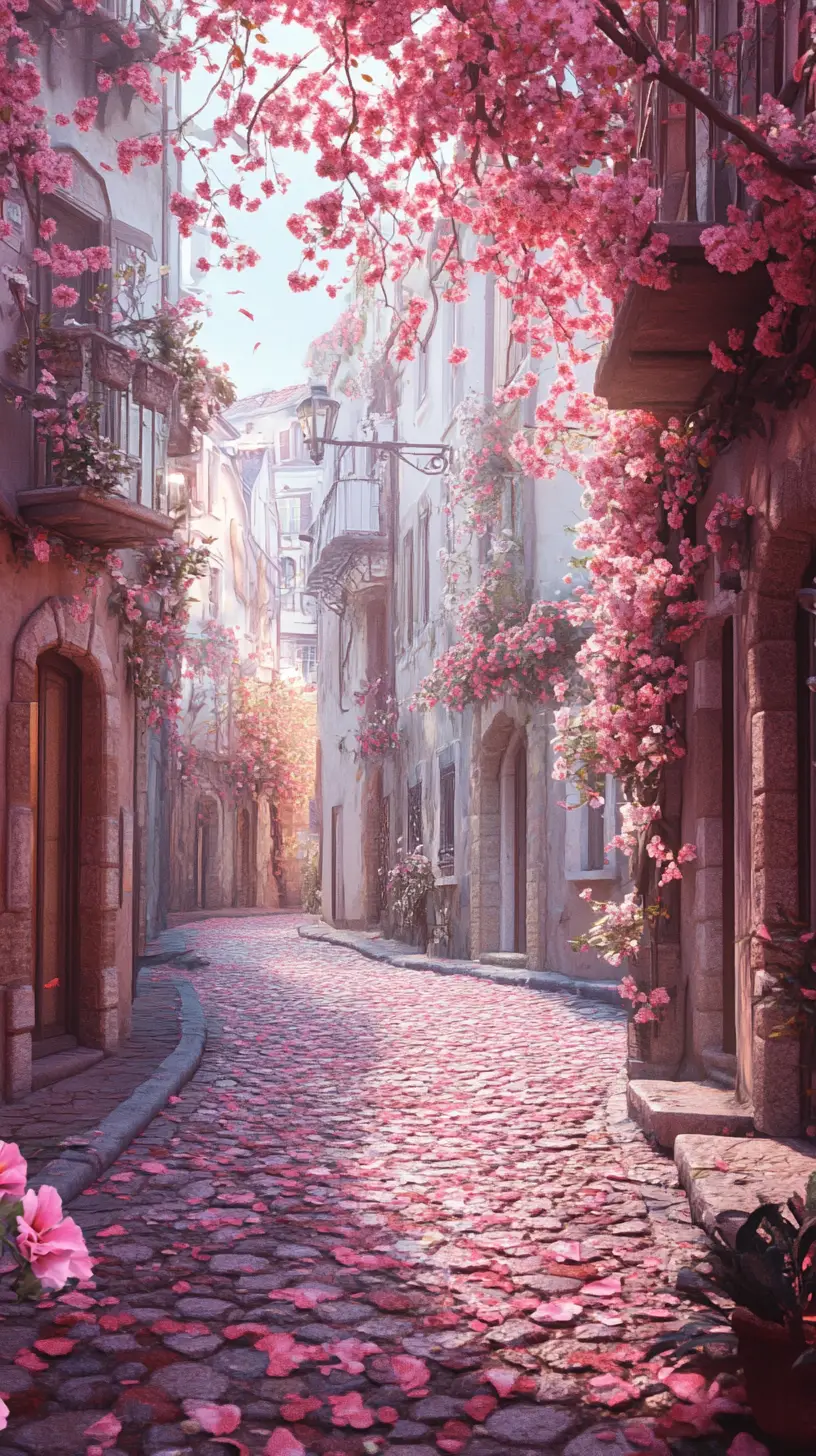 Magical Old Town Street In Soft Morning Pastel Colors