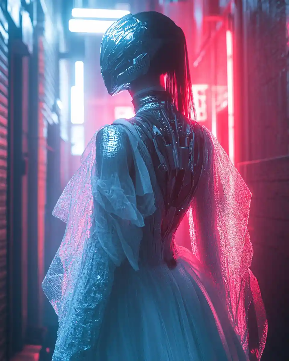 Donna di moda cibernetica rinascimentale in un vicolo di città al neon