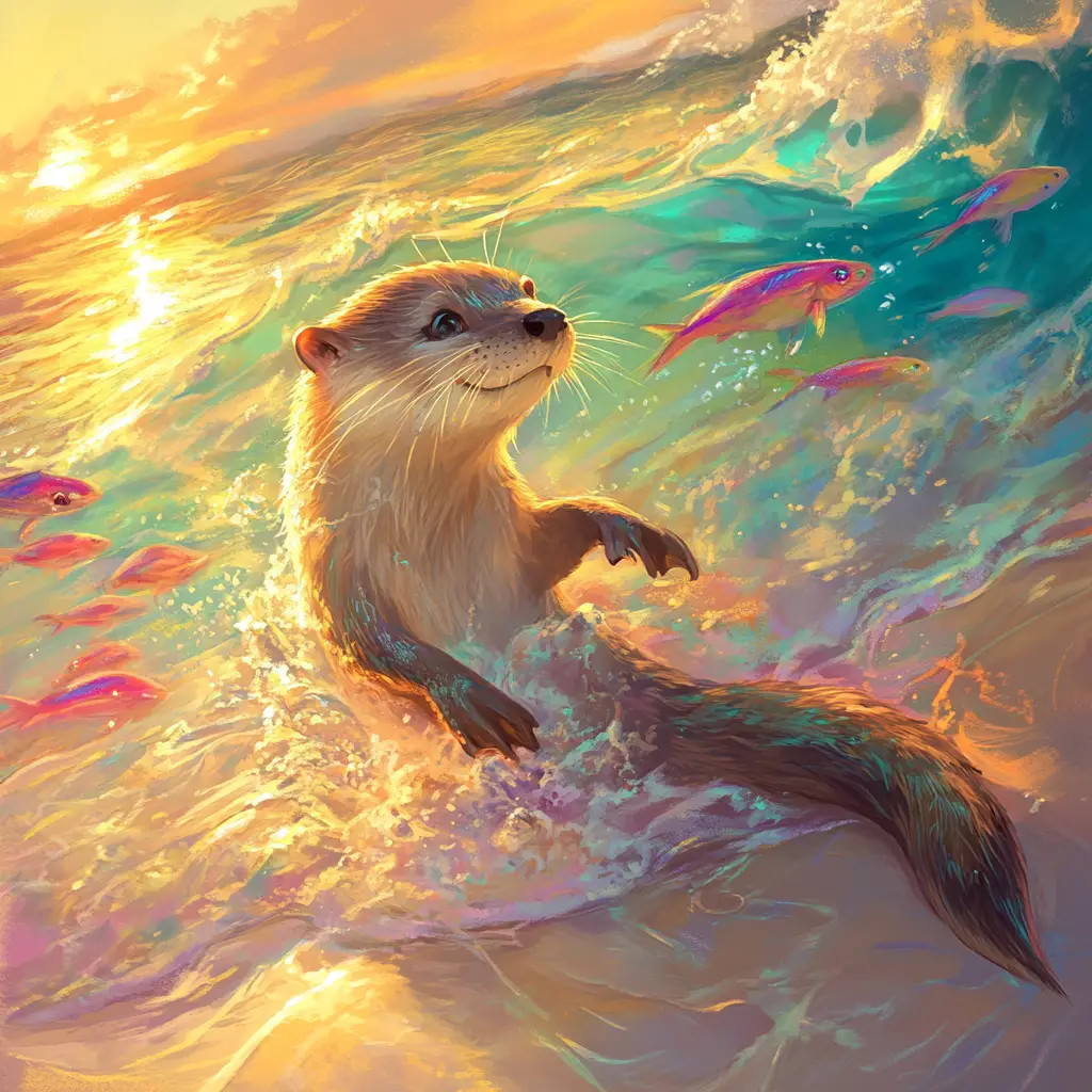 Loutre joueuse au coucher du soleil sur une plage de sable paisible