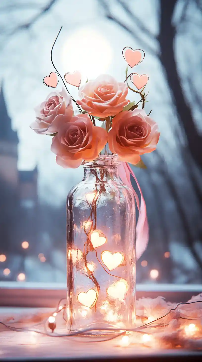 Glass bottle of roses and glowing hearts by moonlit castle