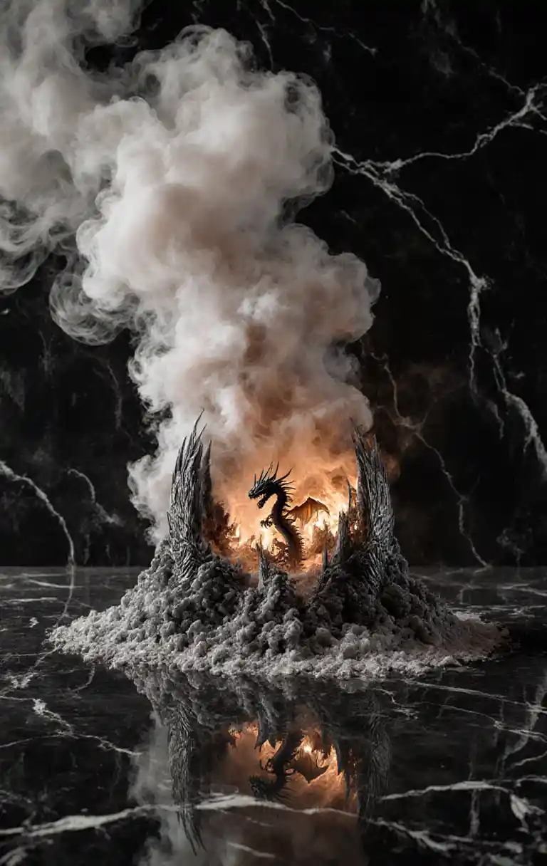 Drago 3D frattale che emerge dal fumo su sfondo di marmo