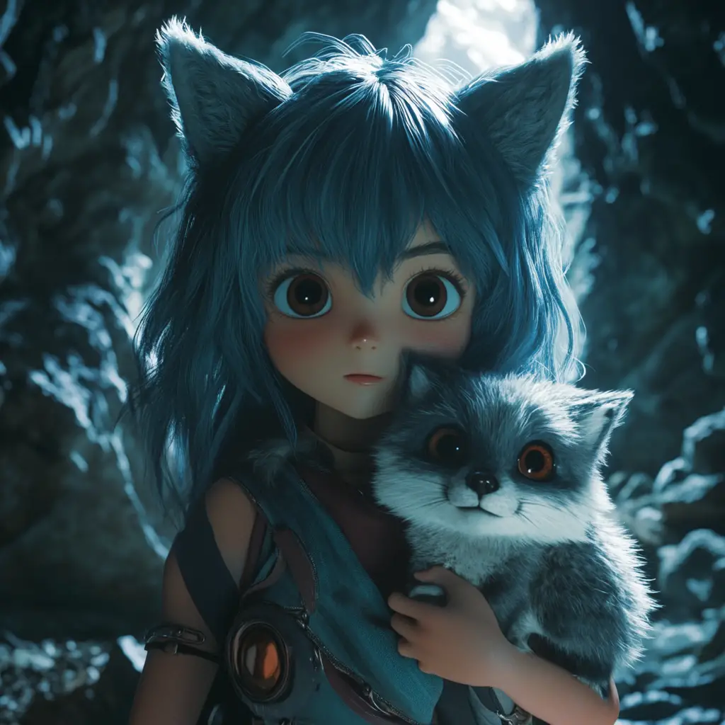 Wilde Anime-Mädchen hält einen winzigen Fuchs in einer Höhle