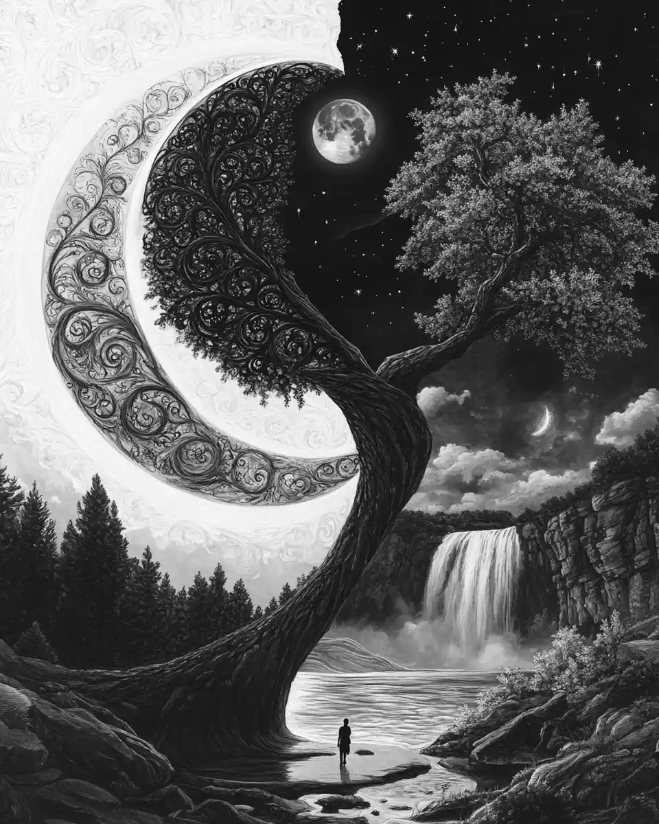 Day and night fantasy landscape in ink diptych illustration