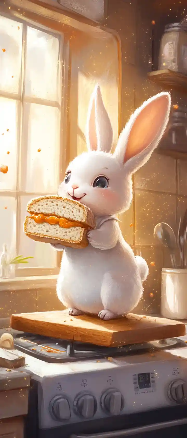 Chef coniglio e pane vivente in una disordinata cucina magica