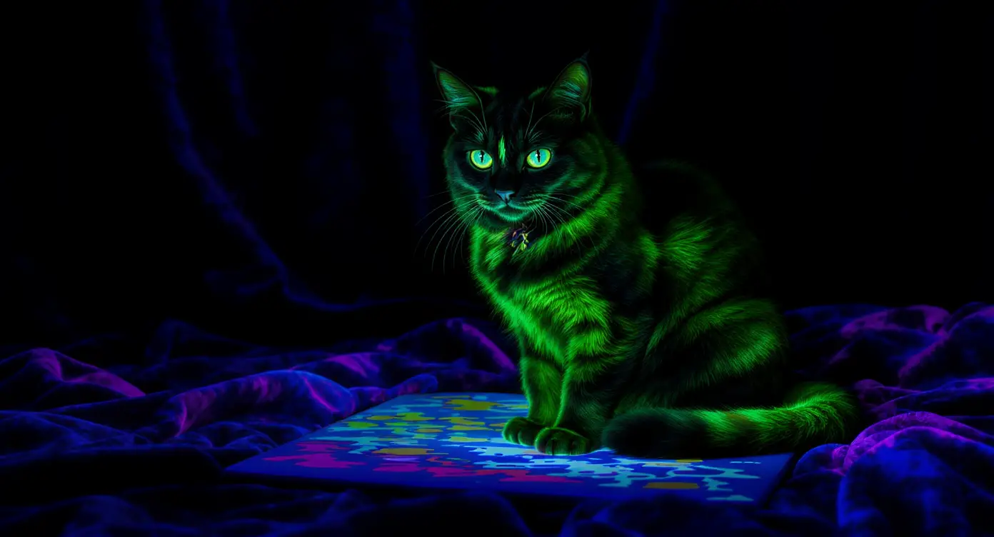 Schwarze Katze leuchtet unter Schwarzlicht auf abstrakter Leinwand