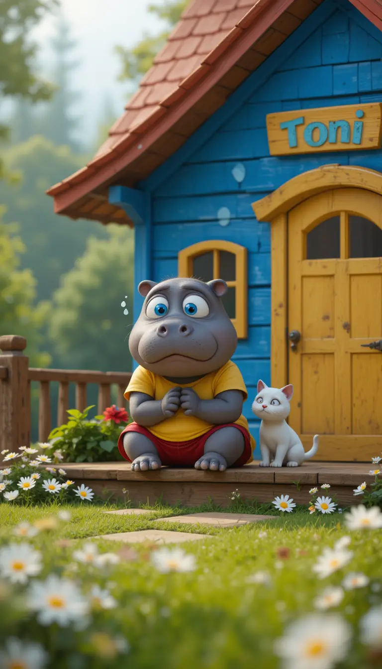 Crying hippo on a house terrace with comforting cat