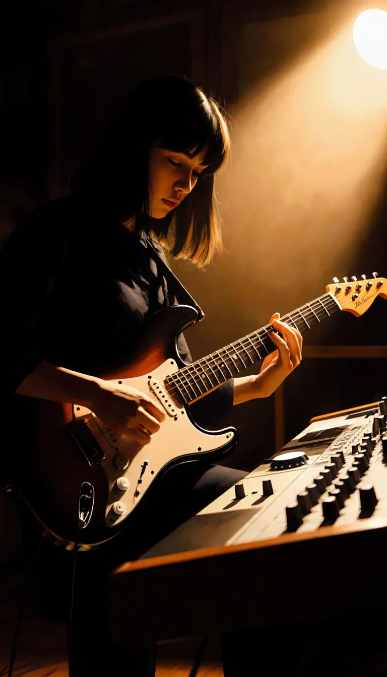Junger Musiker, vertieft ins Gitarrenspiel im schummrigen Studio