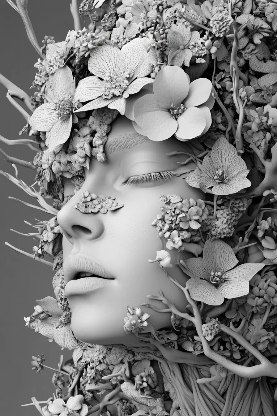 Surreale 3D-Frau, verflochten mit blühenden Blumenästen