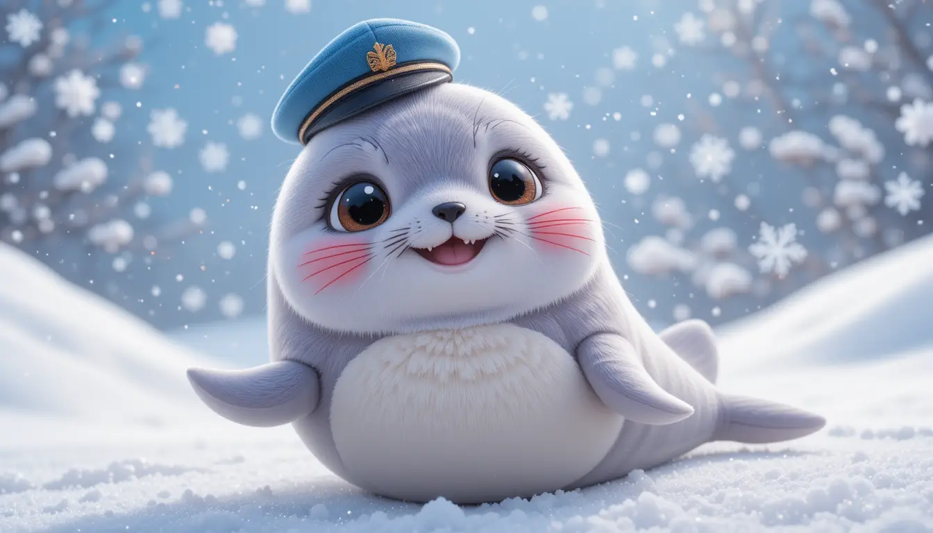 Phoque joueur en dessin animé sous des flocons de neige scintillants