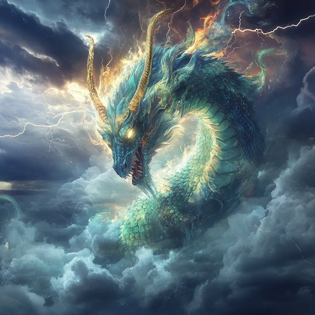 雄偉風暴巨龍凌駕在動盪雷電天空之上