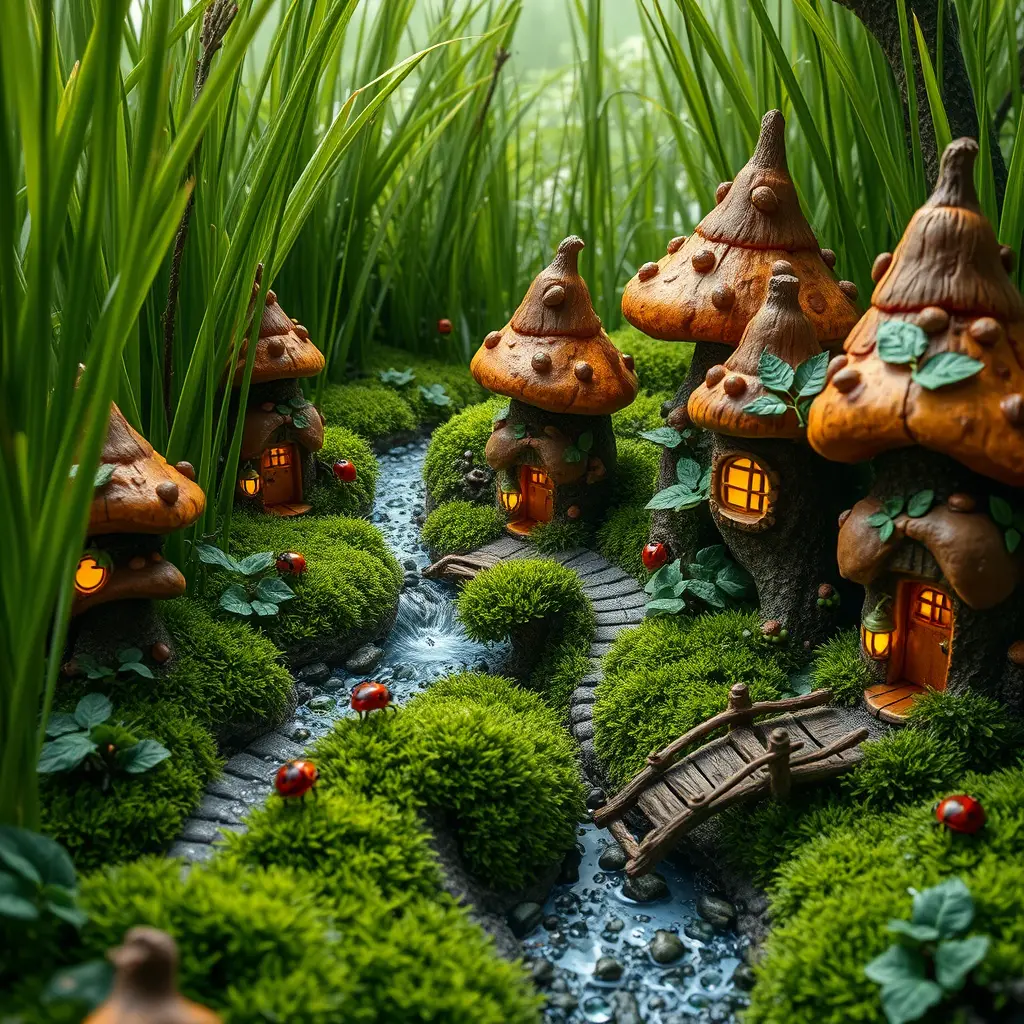Miniature Gnome Village Among Mushrooms On Forest Floor