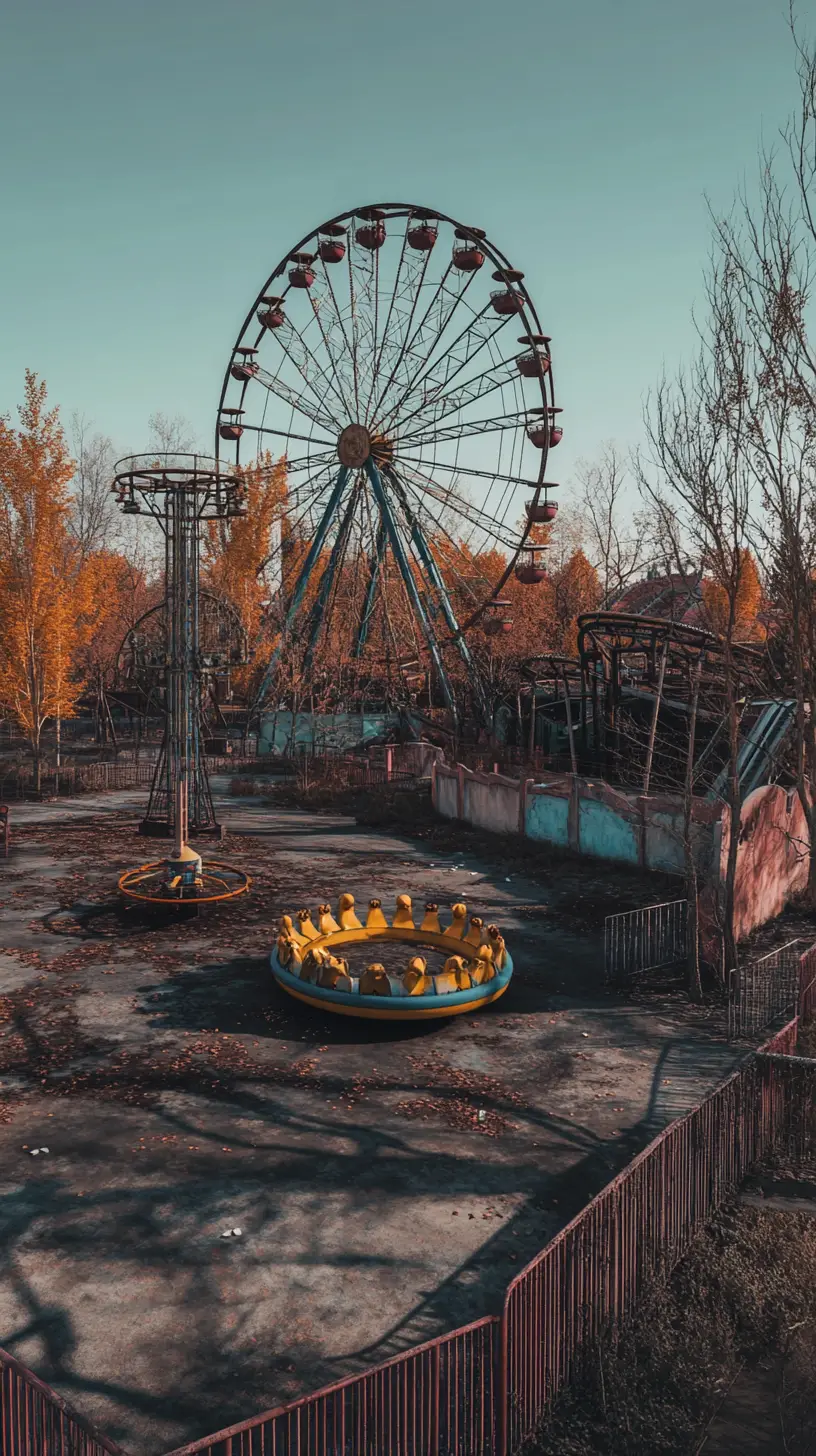 Deserted Amusement Park With Silent Rides At Dusk
