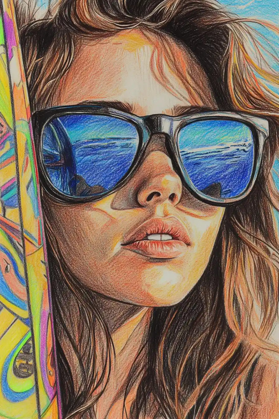 Sun kissed girl in sunglasses color pencil portrait