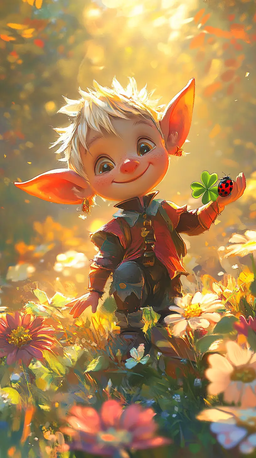Elfe chibi rêveur offrant un trèfle à quatre feuilles