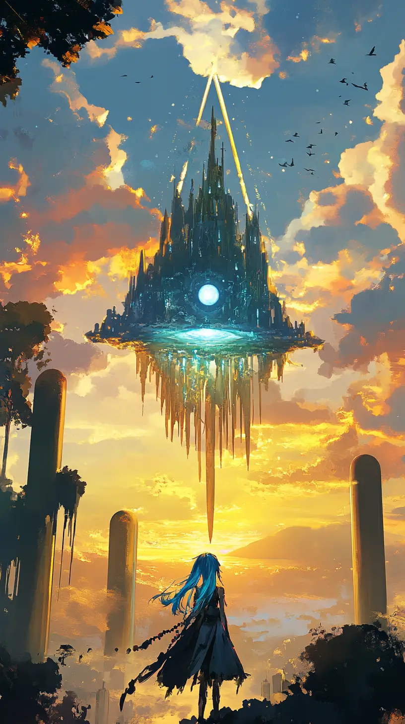 Ragazza dai capelli blu su un'isola con castello cyberpunk al tramonto