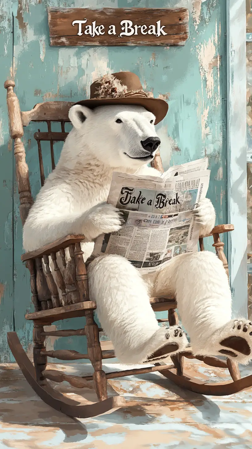 Eisbär liest Zeitung auf einem gemütlichen Schaukelstuhl auf der Terrasse