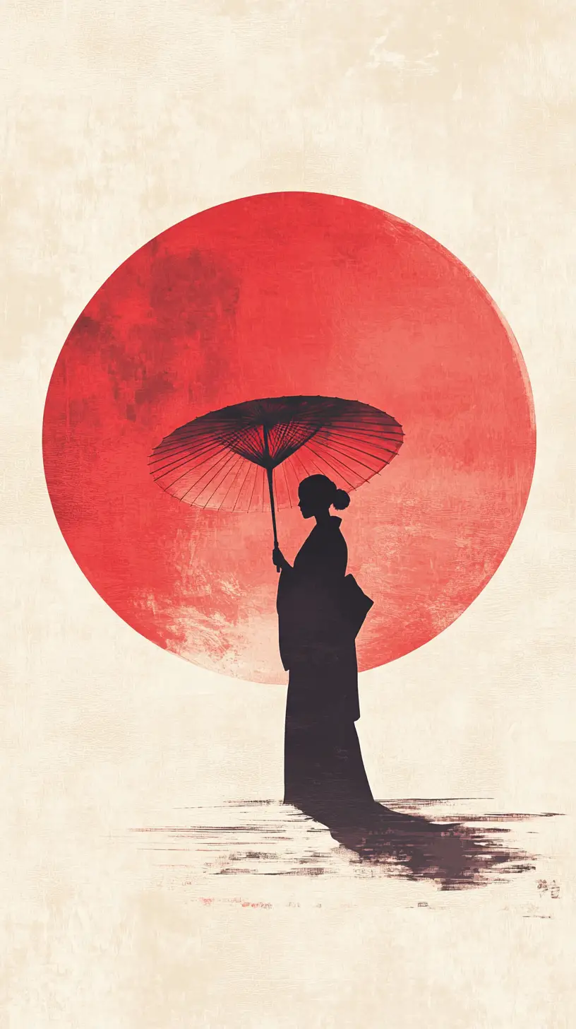身穿和服撐紅色雨傘的極簡女性剪影