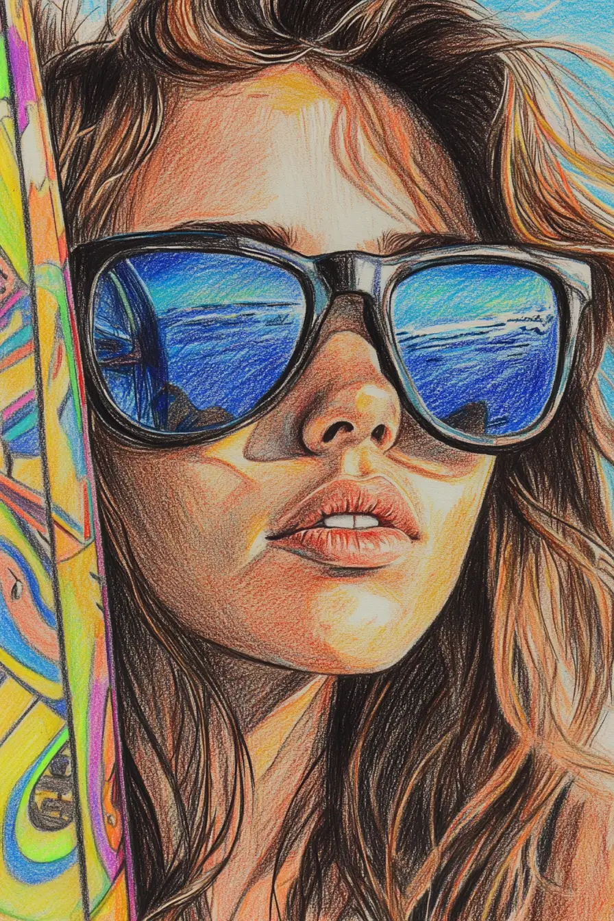 Sun kissed girl in sunglasses color pencil portrait