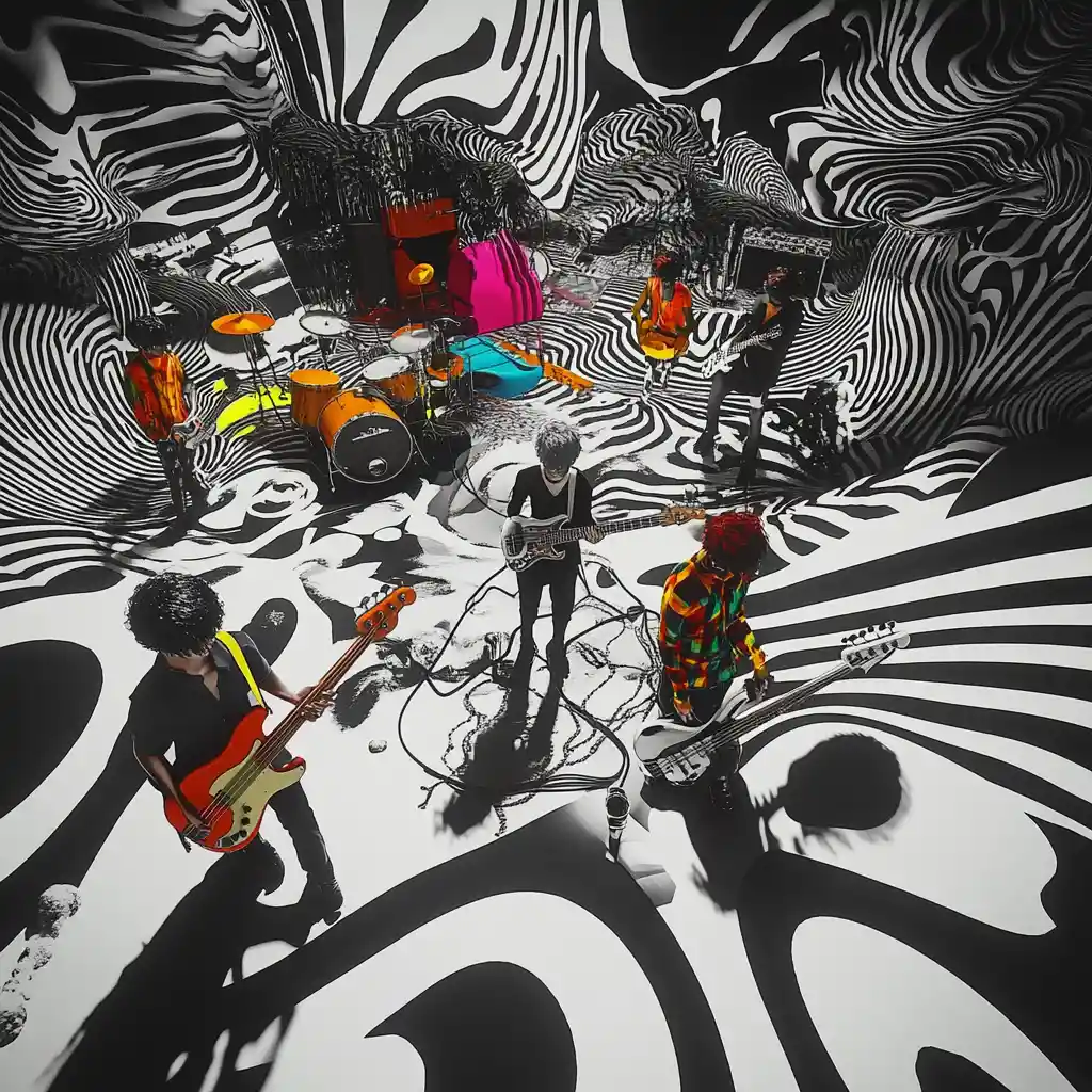 Colorful anime band above surreal monochrome abstract world