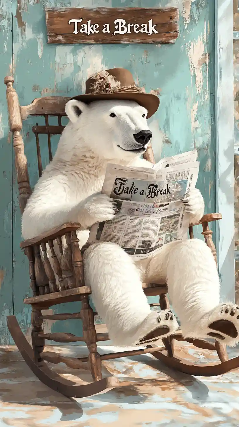 Polar bear reading newspaper on a cozy patio rocking chair