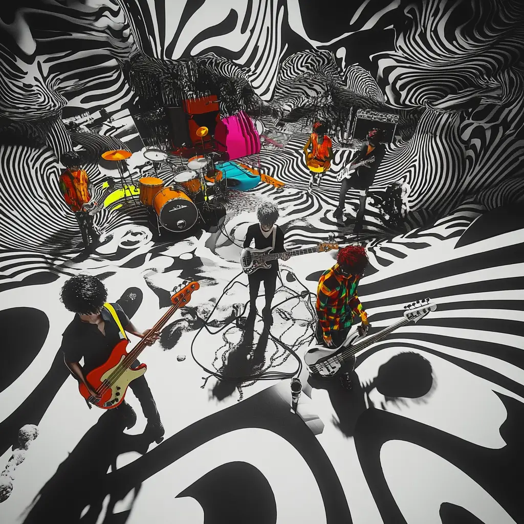 Band anime colorata sopra un mondo astratto monocromatico e surreale