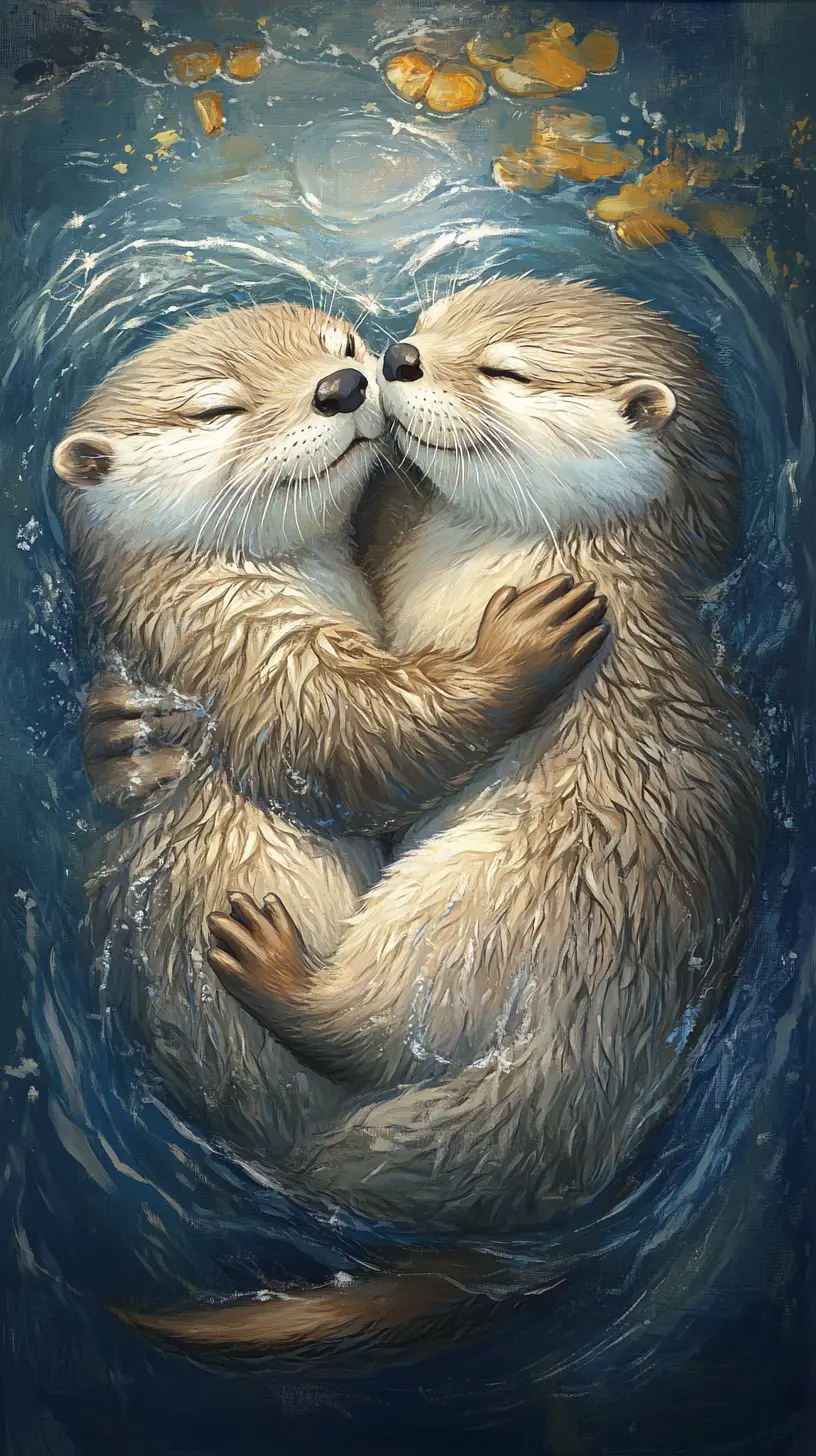 兩隻水獺溫柔相擁成愛心的插畫