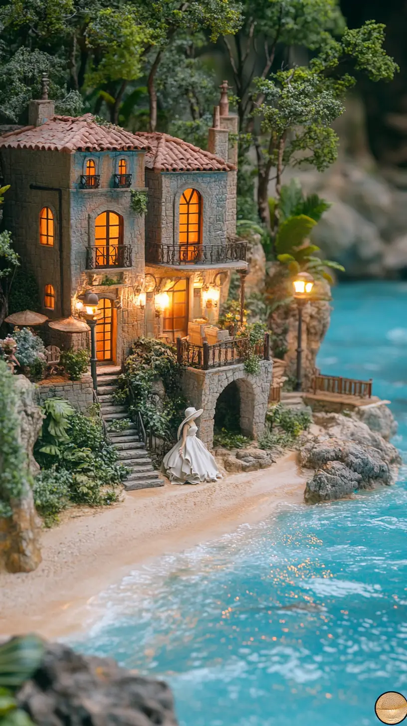 Stille Küstenvilla-Diorama mit Frau am Meer