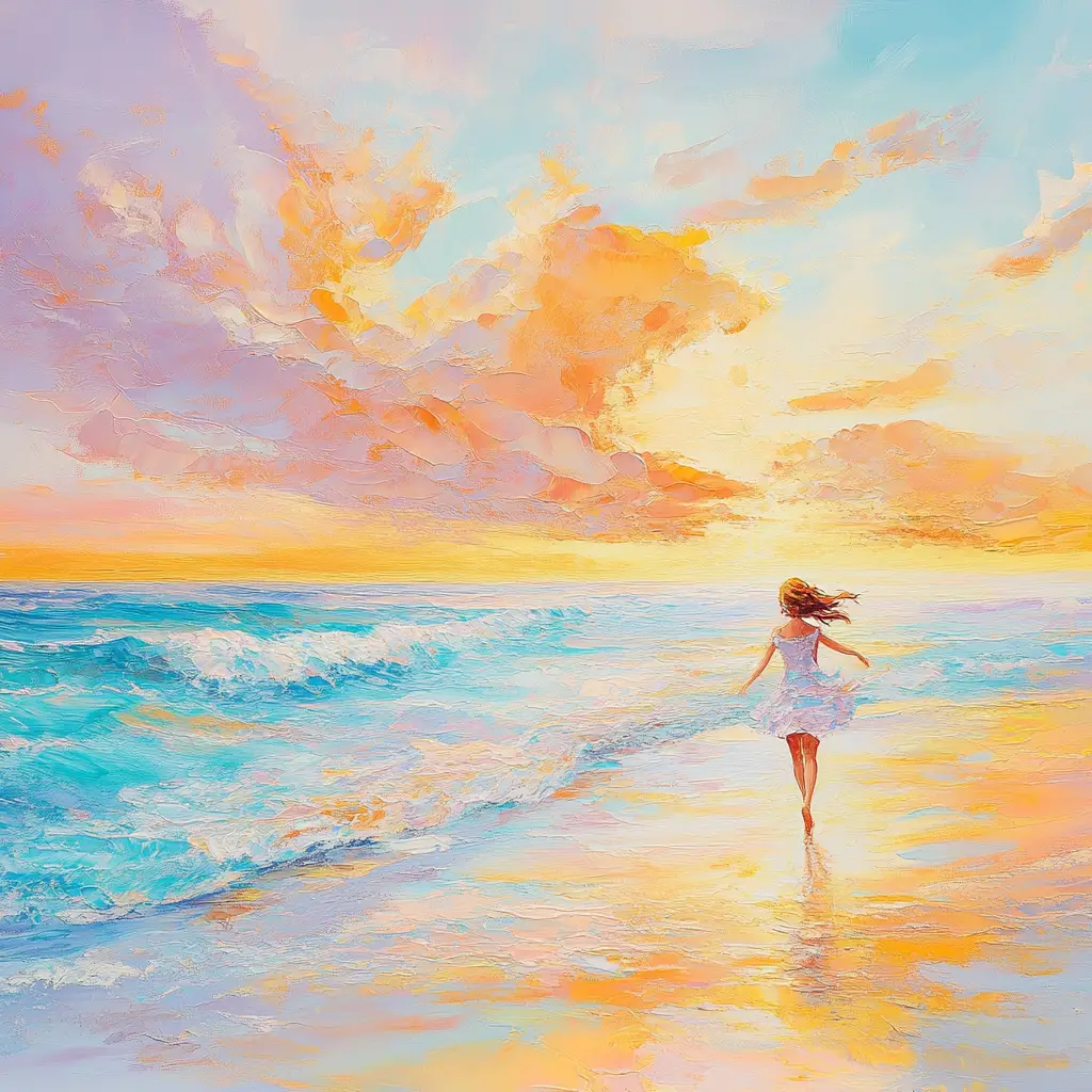 女子在日出海灘沿著發光海水奔跑