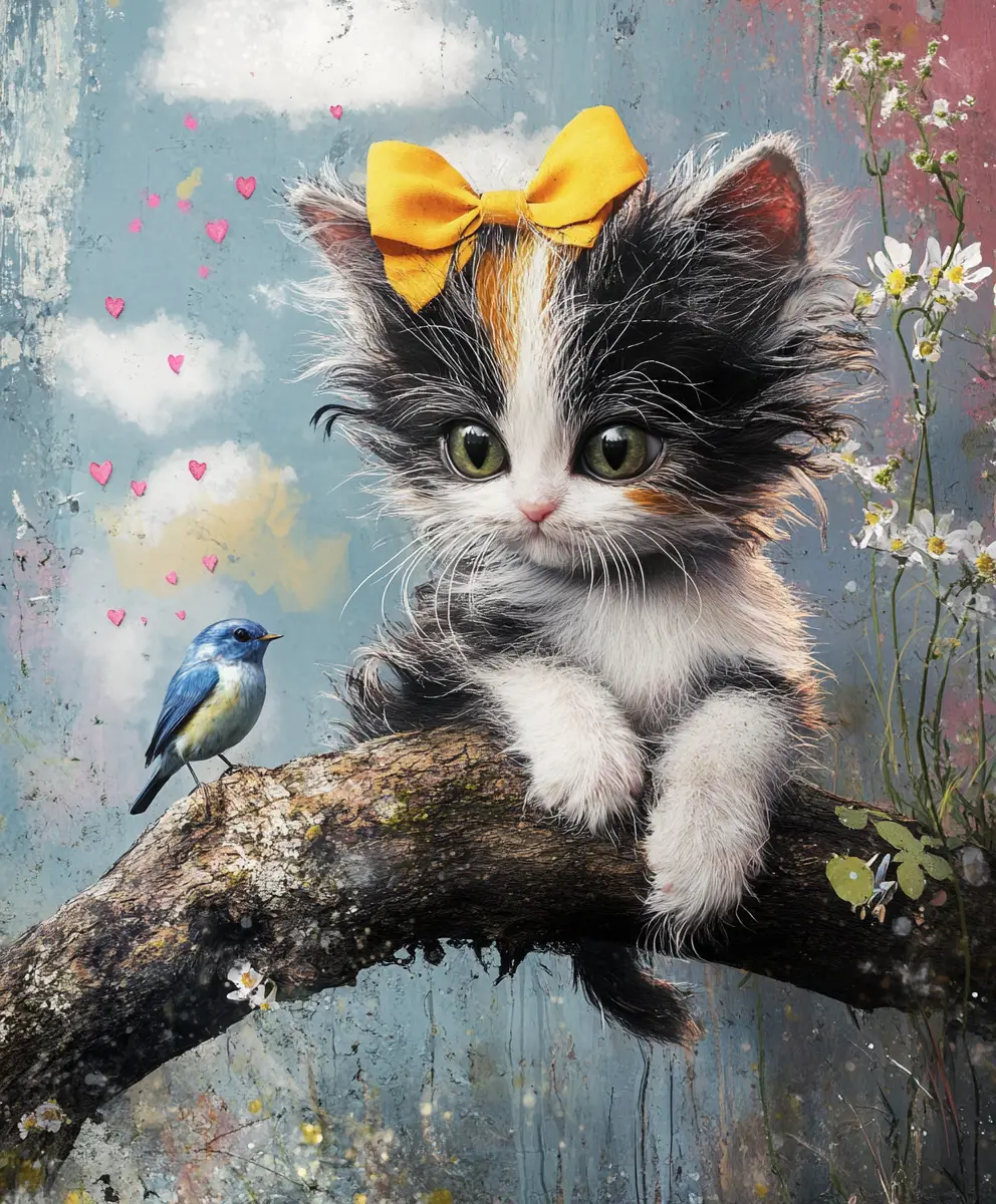 Whimsical fluffy kitten with bluebird in a fantasy tree