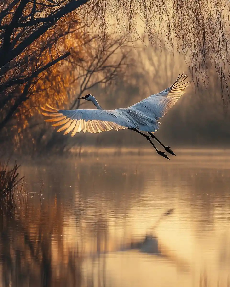 Ancient crane flying over golden danube delta wetlands