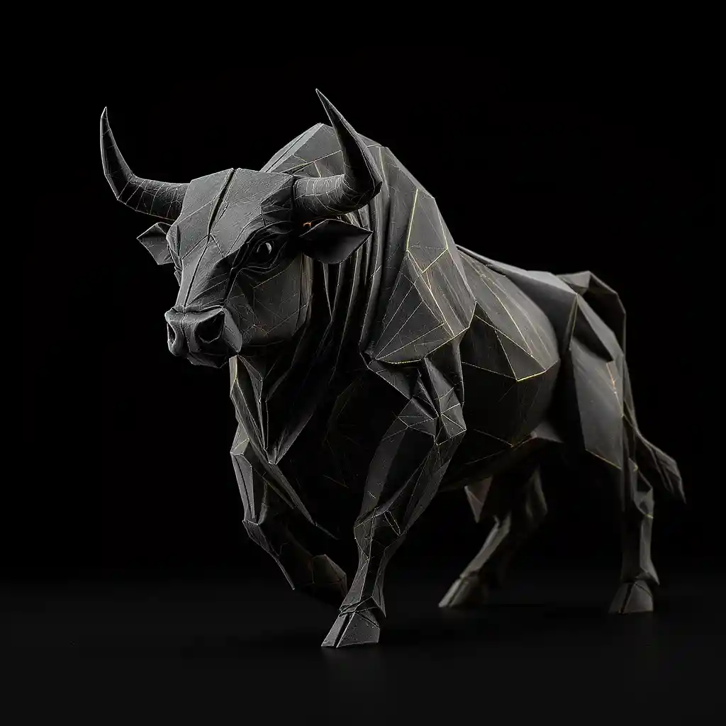 Toro di origami cinematografico in nero con riflessi dorati