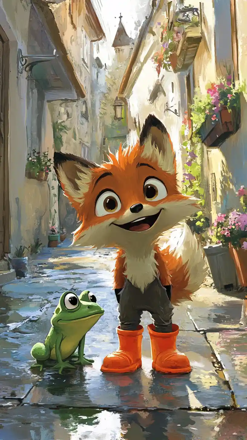 Cheerful young fox with frog on rainy cobblestone street