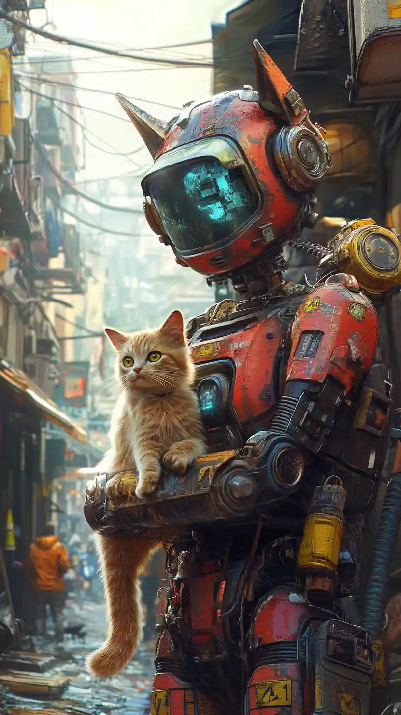 Steampunk-Roboter trägt eine realistische Katze durch Slumstraßen