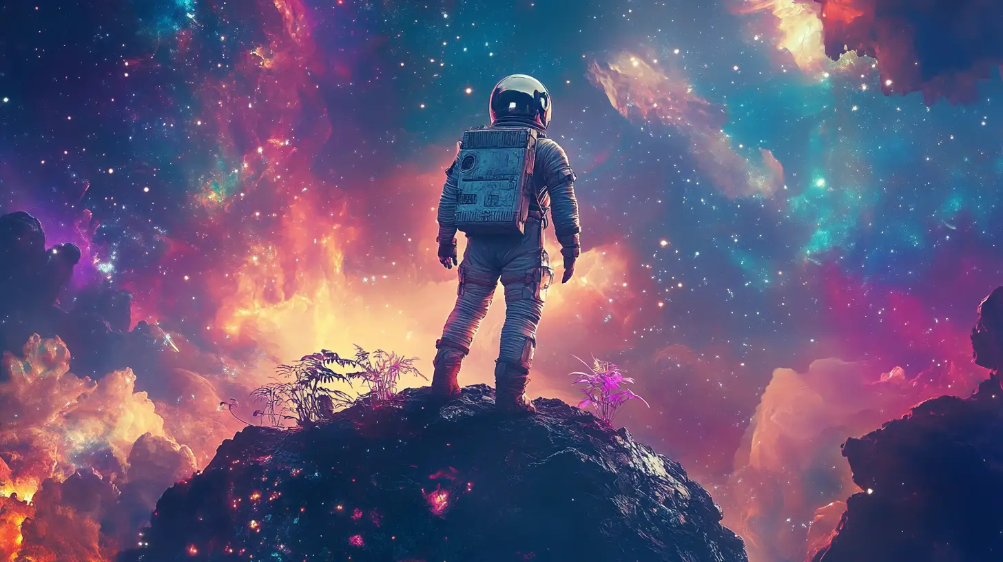 Einsamer Astronaut auf Asteroid unter leuchtender kosmischer Nebelwolke