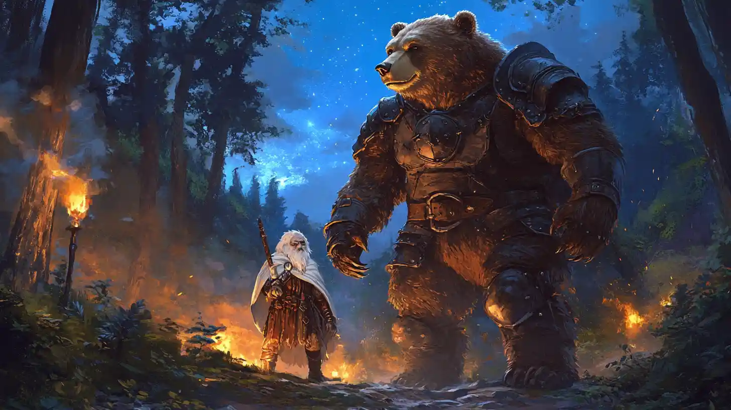 Armored grizzly bear with wizard in torchlit forest glen