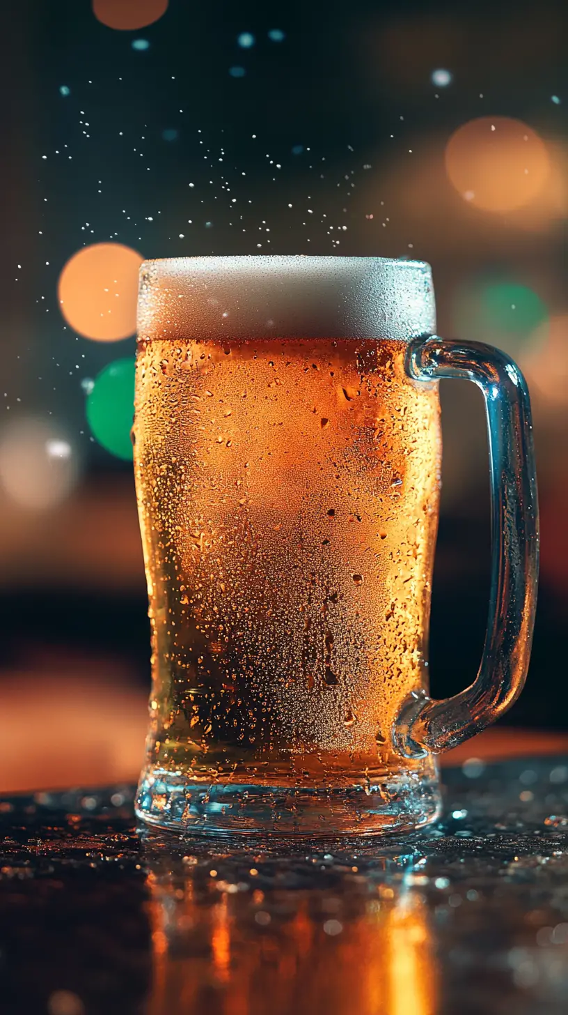 Bicchiere di birra ghiacciata in controluce su un bancone da bar lucido