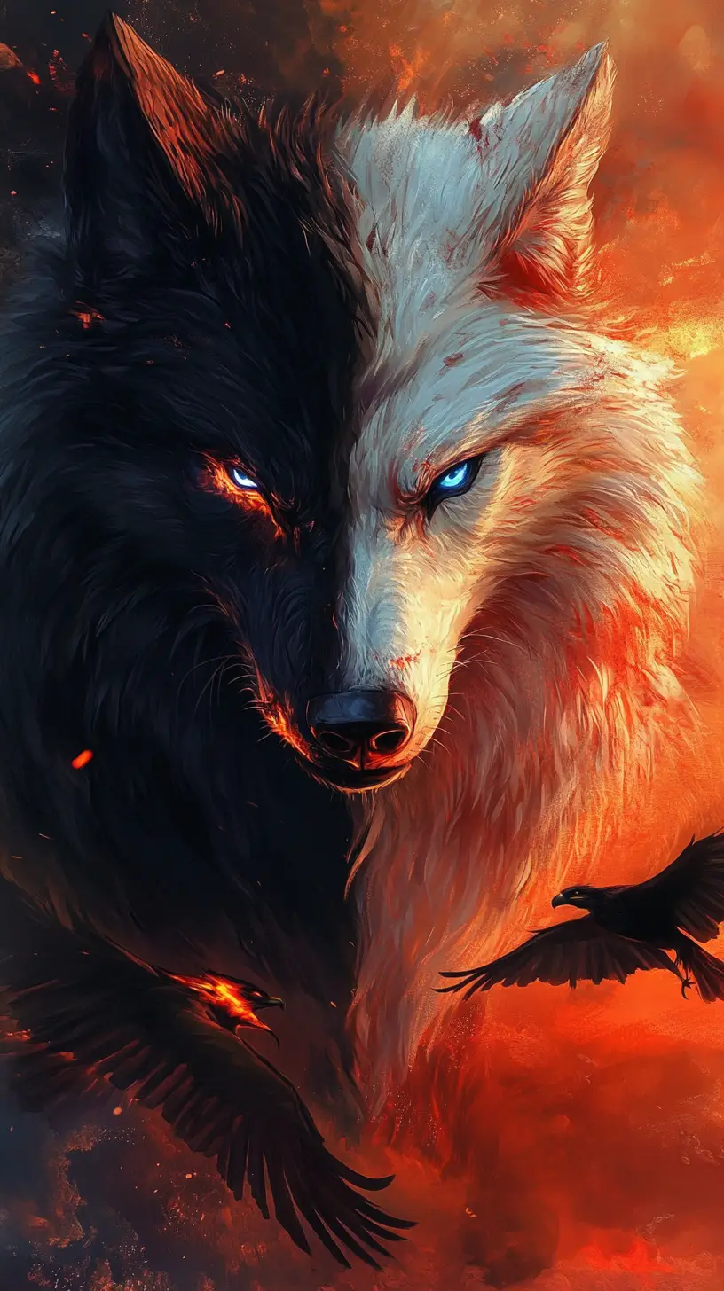Wolf und Adler in einer feurigen apokalyptischen Kampfszene
