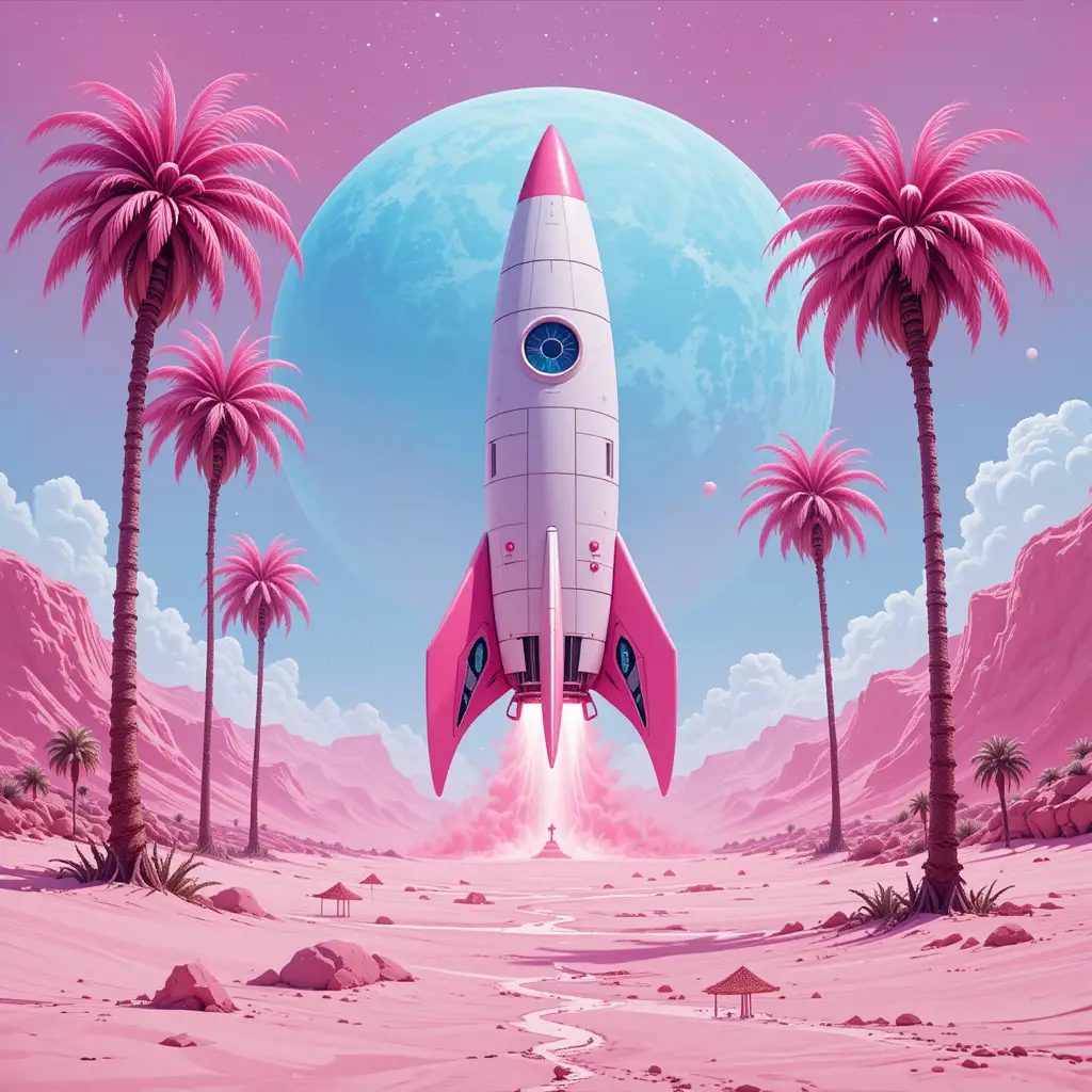 超現實粉紅外星海灘星球上的未來感火箭