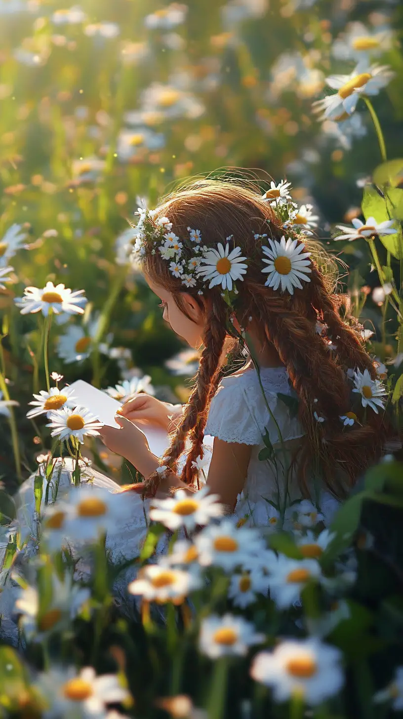 Fille elfe assise dans un champ de marguerites en train de créer de la magie