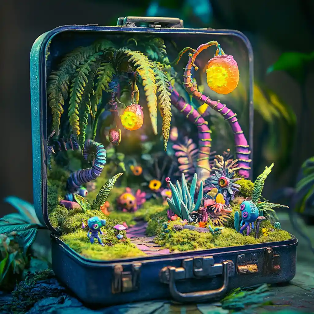 Diorama in Miniatura di Giungla Aliena in un Portapranzo di Metallo Vintage