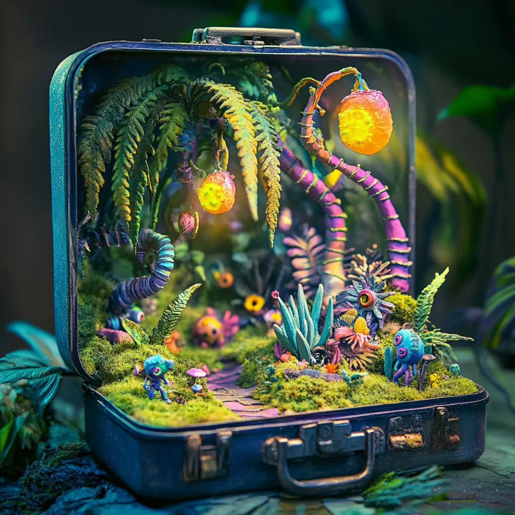 Diorama Miniature de Jungle Extraterrestre dans une Boîte à Lunch Métallique Vintage
