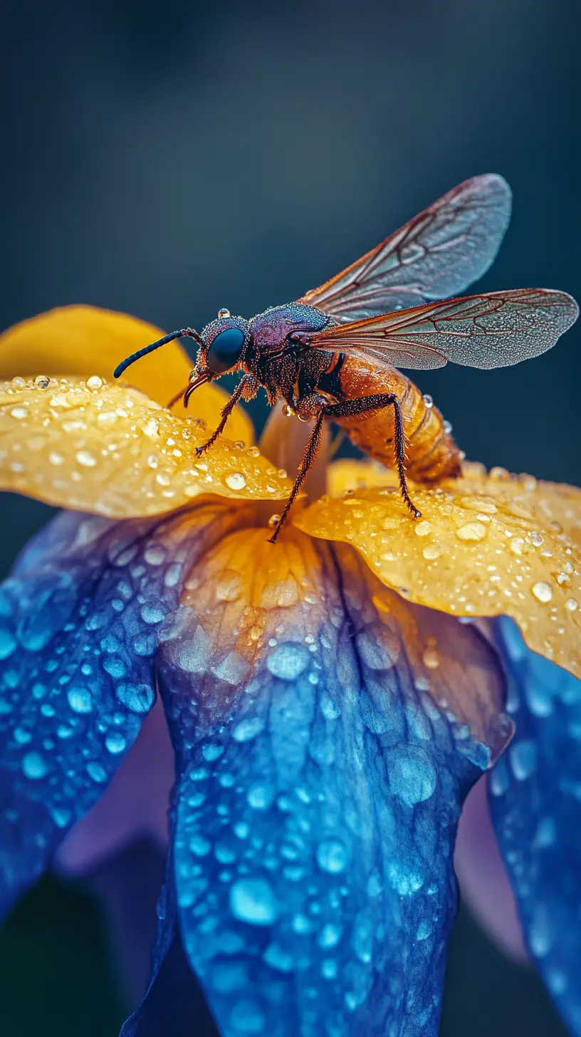 青と黄色の花にとまる水滴をまとった昆虫のマクロ写真