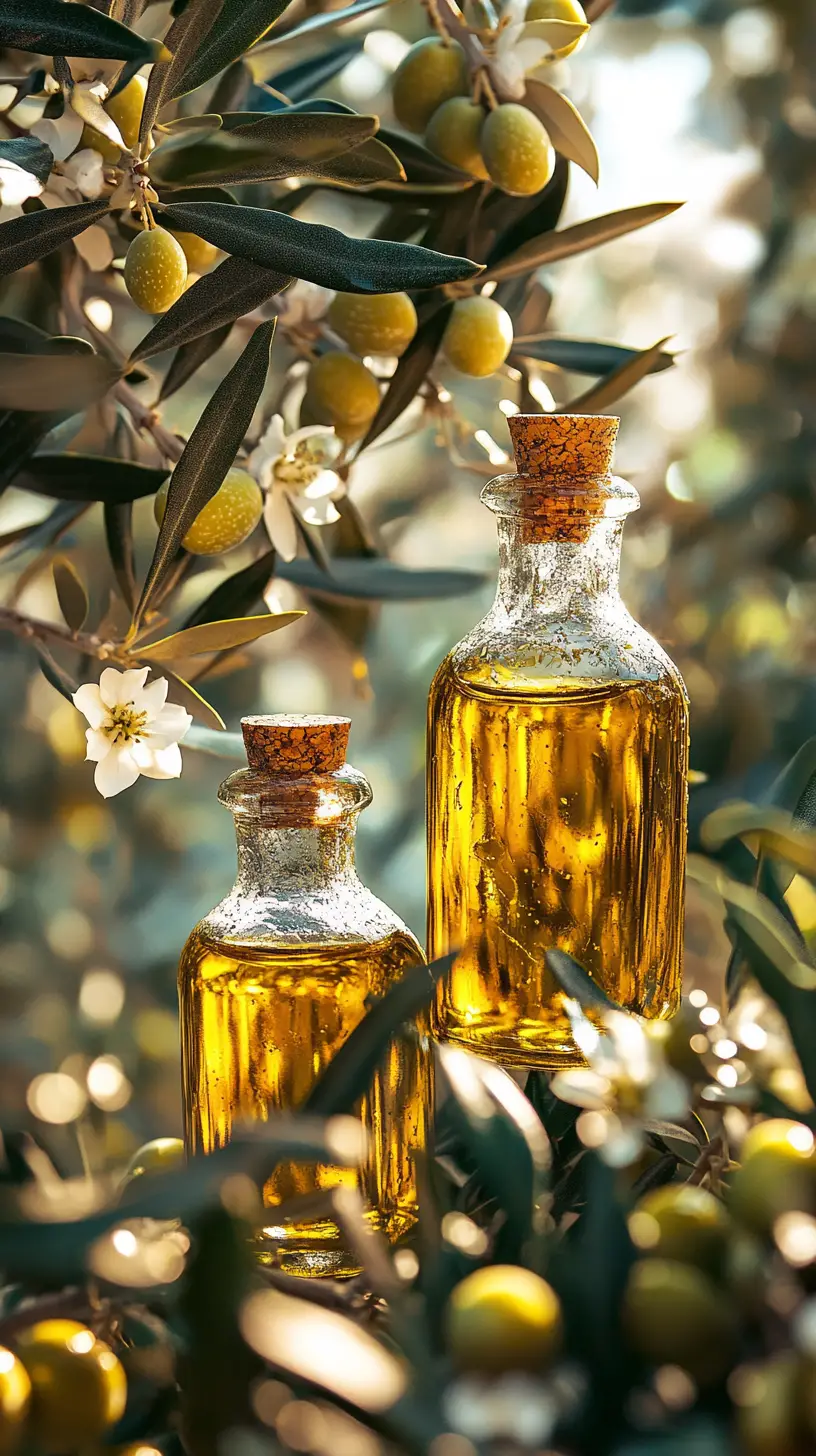 Nature morte en gros plan avec bouteilles d’huile d’olive et olives